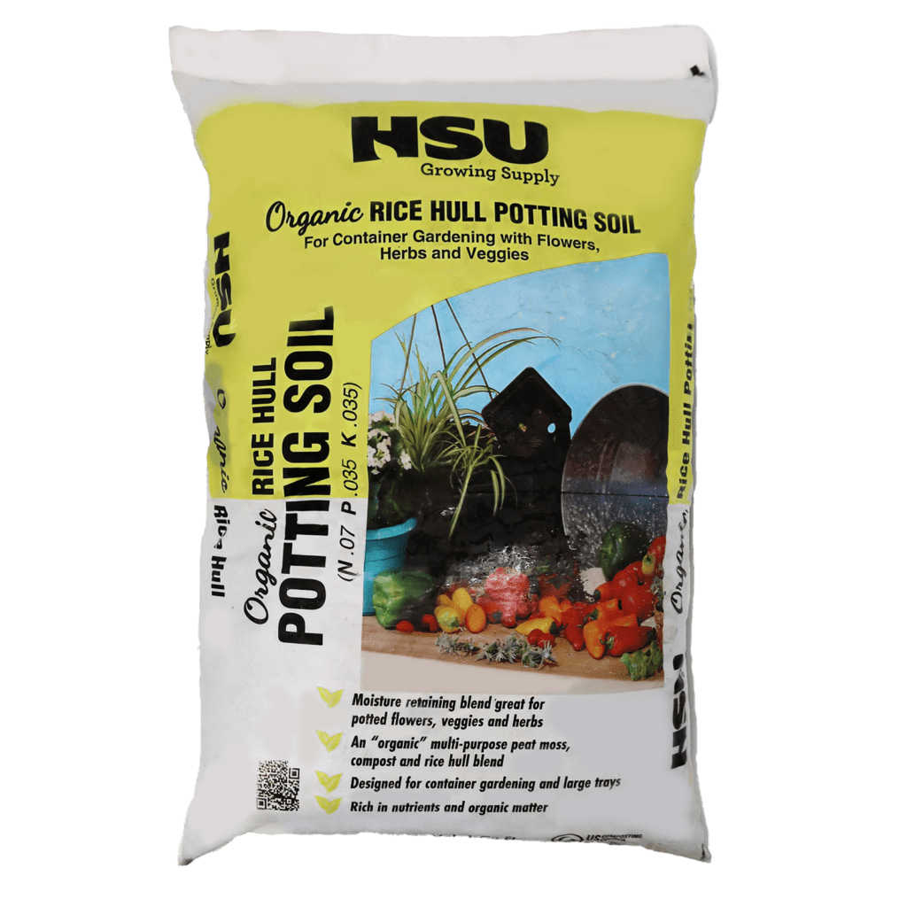 Organic Rice Hull Potting Soil front label featuring Hsu Leaf Compost and rice hulls