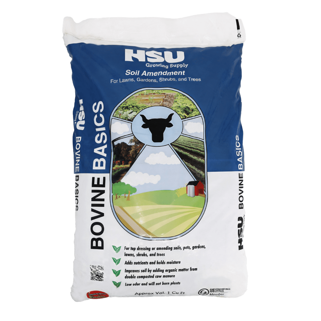 Front of Hsu Bovine Basics composted manure bag for improving soil health