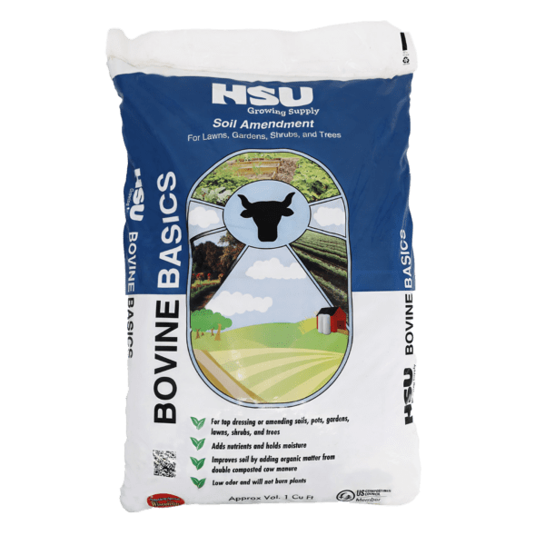 Front of Hsu Bovine Basics composted manure bag for improving soil health