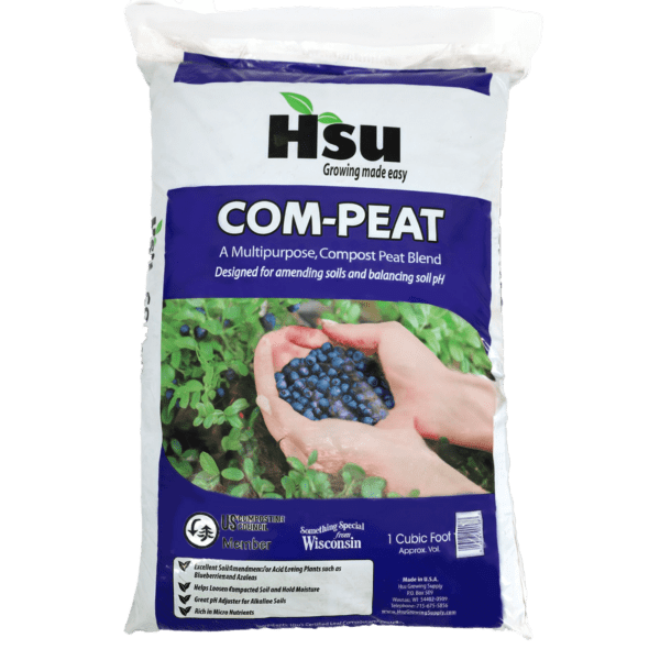 Front of Hsu Com-Peat bag, a leaf compost and peat moss blend for moisture and drainage