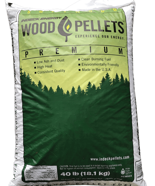 Bag of Indeck softwood pellets used for pellet stoves and boilers.