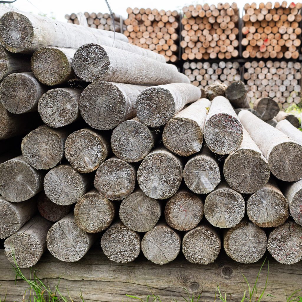 Used cedar posts with rustic, weathered texture, ideal for outdoor projects like fencing and landscaping.