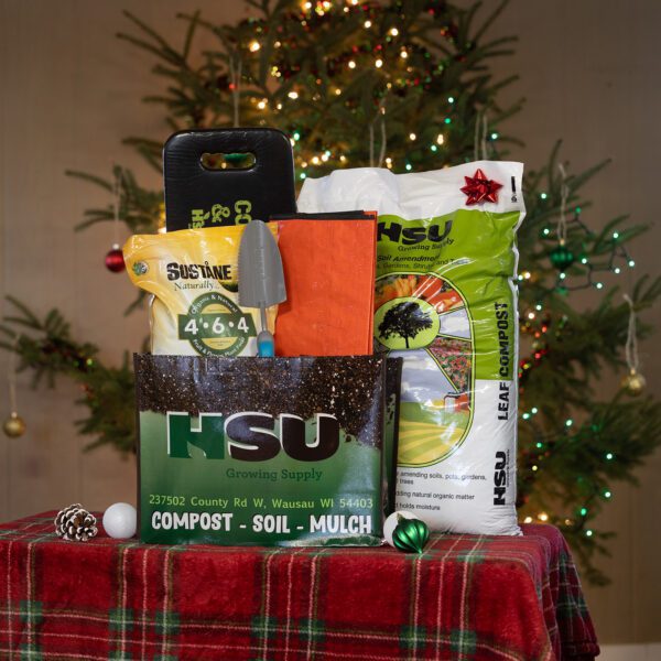 Garden kneeler, tools, compost, and fertilizer bundle.