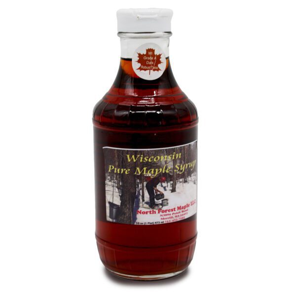 Front of 1 pint bottle of North Forest Maple LLC Wisconsin maple syrup
