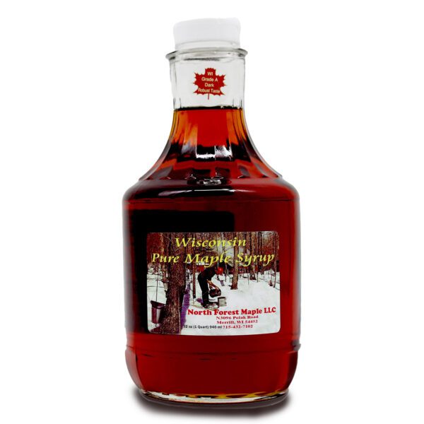 Front of 1 quart bottle of North Forest Maple LLC Wisconsin maple syrup