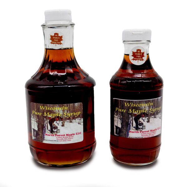 1 pint and 1 quart bottles of North Forest Maple LLC Wisconsin maple syrup