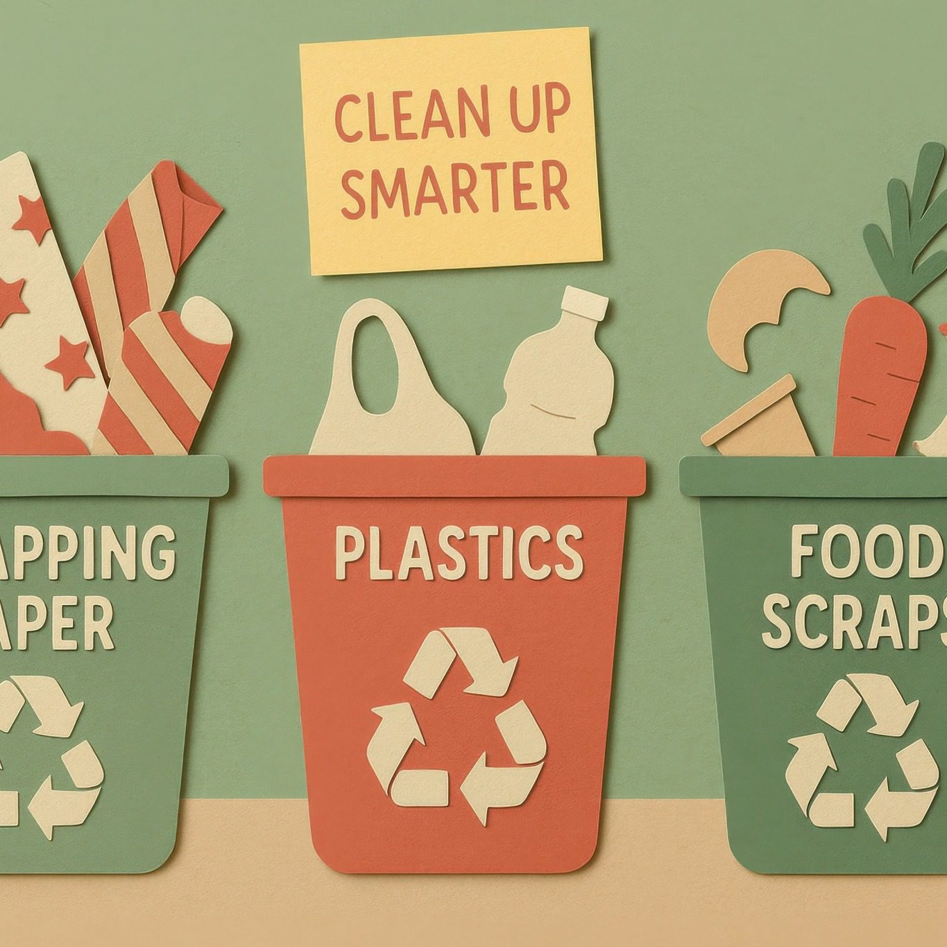 Wrapping paper bin for holiday cleanup showing acceptable paper items and a reminder to keep out foil, glitter, and plastic wrap