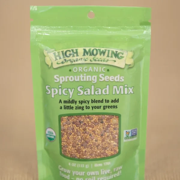 Package of High Mowing Organic Spicy Salad Mix sprouting seeds
