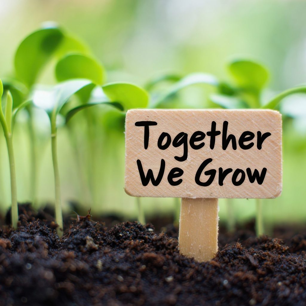Microgreens growing beside a sign that reads ‘Together We Grow.’